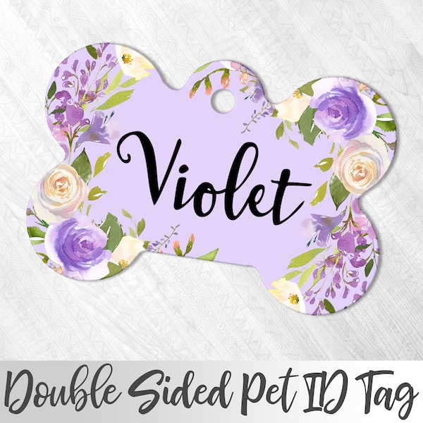 Purple Floral Dog Tag, Custom Pet Tag, Floral Pet Tag Purple, Cute Dog Tag, Double Sided Dog Tag for Dog, Girl Dog Tag, Pretty Dog Tag,