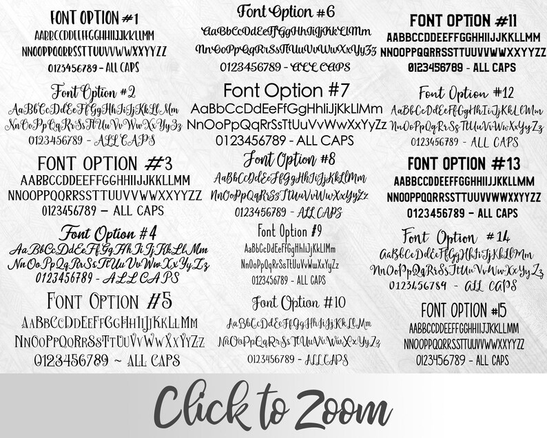 May include: A white background with 15 different font options displayed in black. Each font option is numbered 1 through 15 and includes the text "ALL CAPS" or "ALL CAPS" in smaller font size. The text "Click to Zoom" is displayed in black at the bottom of the image.