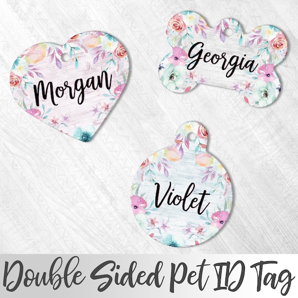 Rustic Floral Dog Tag, Faux Wood, Personalized Pet ID tag, Cat ID tag, Dog Name Tag, Custom Dog Tag, Double Sided Pet Tag, Custom Pet ID Tag