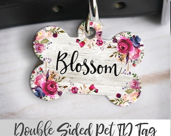 Pink Flowers Faux Wood Dog Tag, Pink Dog Tag, Floral Pet Tag, Girl Dog Tag, Cute Dog Tag, Personalized Dog ID Tag, Pretty Dog Tag, Pet ID