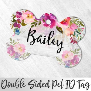 Pink Flowers Dog Tag, Rustic Floral Dog Tag, Faux wood, Personalized Pet ID tag, Girl Dog Name Tag, Double Sided Pet Tag, Custom Pet ID Tag