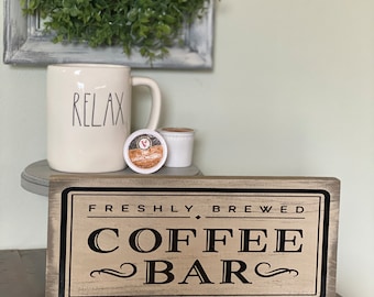 Freshly brewed coffee bar sign; coffee decor; farmhouse coffee sign