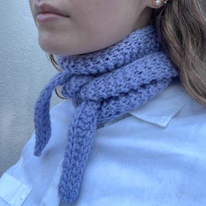 Puede incluir: Una bufanda de punto de color violeta claro con un patrón de puntos texturizados, envuelta alrededor del cuello y atada con un nudo simple en la parte delantera. La bufanda está hecha de hilo grueso y tiene dos extremos largos y afilados.