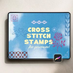 May include: A digital tablet screen displaying a blue background with the text CROSS STITCH STAMPS for procreate! in yellow. The screen features various cross-stitch patterns including a rose, swans, and geometric borders in red and white.