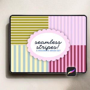 以下が含まれることがあります： Procreateブラシセットをフィーチャーしたデジタルアートグラフィック。デザインは、オリーブグリーン、ピンク、イエロー、バーガンディのさまざまなストライプパターンを持つ4つのセクションに分割されたタブレット画面を示しています。「seamless stripes！」というテキストがピンクの楕円で表示されています。