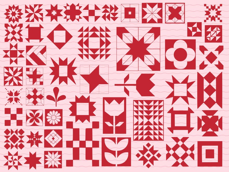 Op de afbeelding: Een verzameling rode quiltblokontwerpen in verschillende geometrische vormen, waaronder sterren, vierkanten en bloempatronen. De blokken zijn gerangschikt op een lichtroze achtergrond met een golvend patroon, wat een vintage of handgemaakte uitstraling cre&euml;ert.