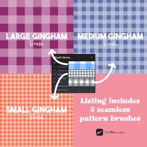 Może przedstawiać: Trzy bezszwowe pędzle wzor&oacute;w Procreate do tworzenia wzor&oacute;w w kratkę. Pędzle są pokazane w trzech rozmiarach: duży, średni i mały. Wzory w kratkę są w kolorze r&oacute;żowym i białym, niebieskim i białym oraz pomarańczowym i białym.