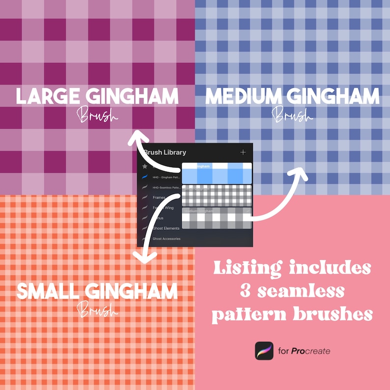 Może przedstawiać: Trzy bezszwowe pędzle wzor&oacute;w Procreate do tworzenia wzor&oacute;w w kratkę. Pędzle są pokazane w trzech rozmiarach: duży, średni i mały. Wzory w kratkę są w kolorze r&oacute;żowym i białym, niebieskim i białym oraz pomarańczowym i białym.