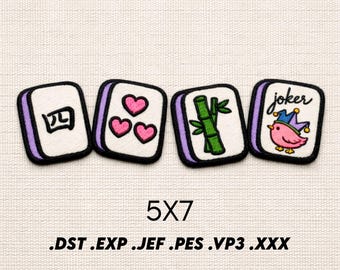 May include: Four embroidered patches with a white background, black border, and purple trim. Designs include a Chinese character, three pink hearts, green bamboo, and a pink bird with a jester hat and the word "joker". The text "5x7" and file types are below.