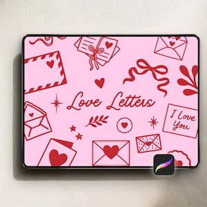 May include: A pink digital artwork featuring red illustrations of envelopes, hearts, bows, and the text "Love Letters" and "I Love You." The design is displayed on a tablet screen, with a digital art app icon.