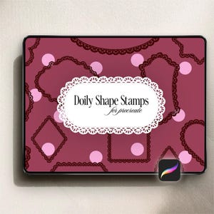 May include: A digital tablet screen displaying a dark mauve background with various dark brown lace-like doily shapes and light pink circles. A central white scalloped label features the black text Doily Shape Stamps for procreate.