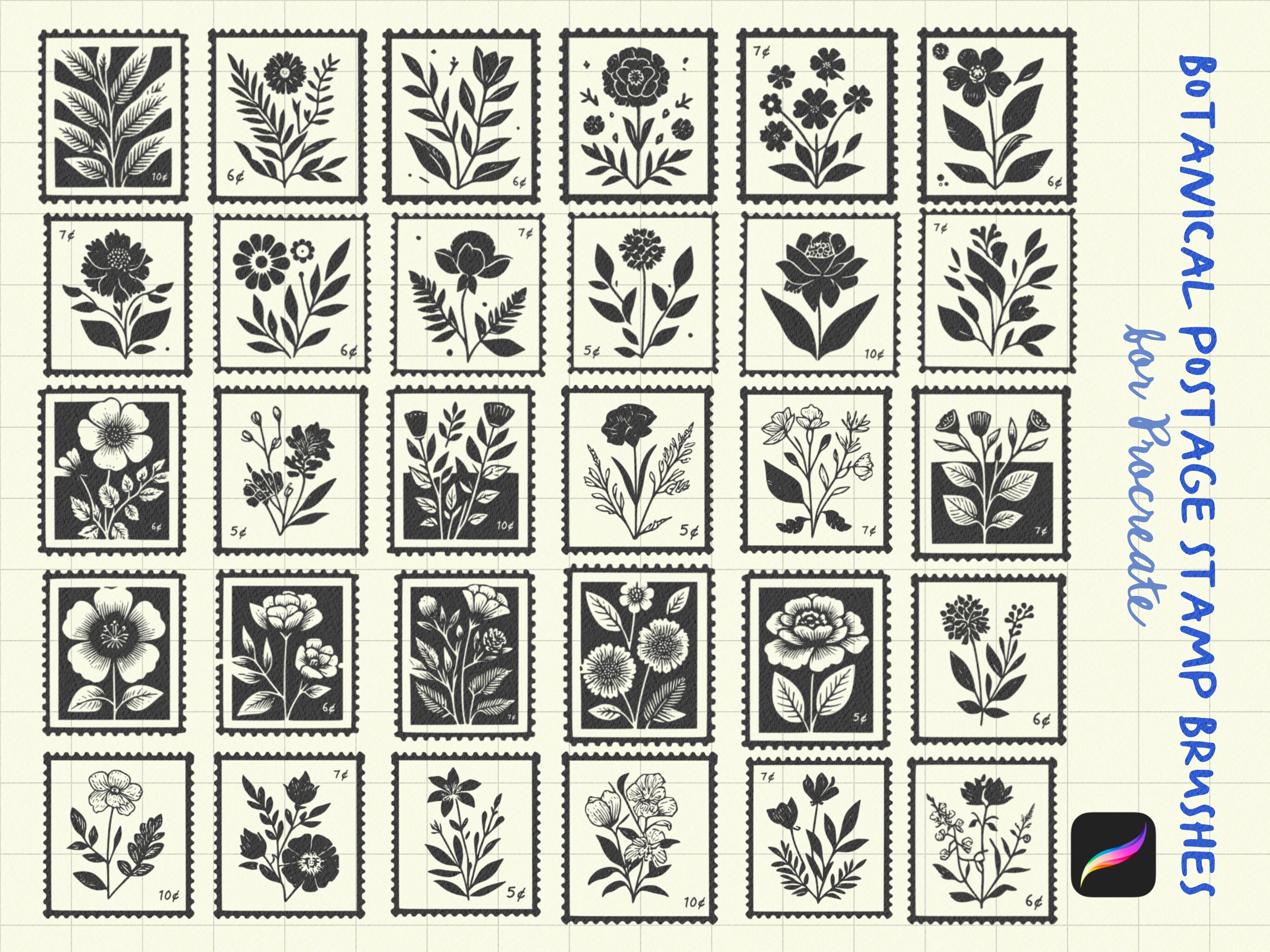30 Botanical Postage Stamps Brush Set for Procreate - DIGITAL DOWNLOAD ...