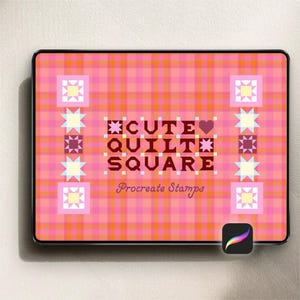May include: A rectangular digital graphic featuring a pink and orange plaid background with the text CUTE QUILT SQUARE and Procreate Stamps. The design includes vertical borders of repeating star and square patterns in light blue, yellow, and pink.