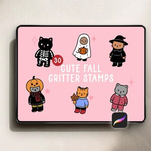 Puede incluir: Una tableta de arte digital rosa muestra seis sellos de adorables criaturas de otoño. Los sellos incluyen un gato negro con disfraz de esqueleto, un fantasma con una calabaza y un oso con sombrero de bruja. El texto dice "Cute Fall Critter Stamps."
