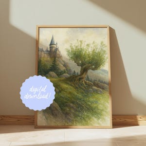 May include: A framed watercolor print featuring a castle on a hillside, a large tree, and a grassy landscape. The print has a light wood frame and a blue sticker that says "digital download!".