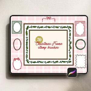 May include: A digital art display featuring 20 Christmas frame stamp brushes. The frames include holly, bows, and wreaths, with a pink plaid background. The text reads "20 Christmas Frame stamp brushes."