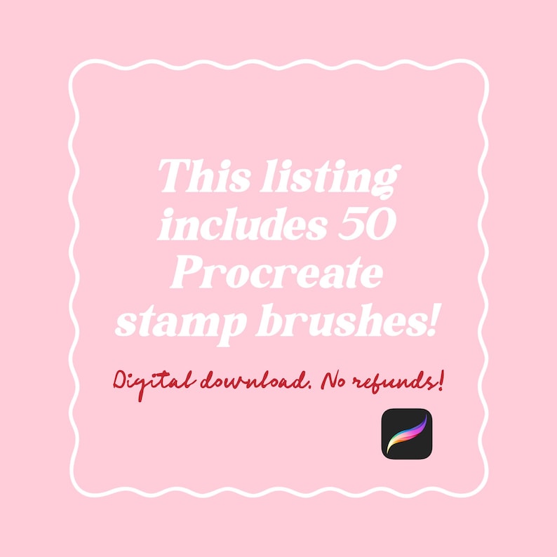 Op de afbeelding: Roze achtergrond met witte tekst: "Deze aanbieding bevat 50 Procreate stempelpenselen!" en "Digitale download. Geen restitutie!" Een Procreate app-icoon staat rechtsonder.