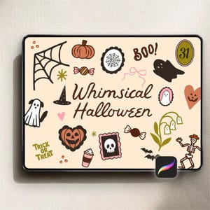 Op de afbeelding: Digitale illustratie met een beige achtergrond met Halloween-doodles. Bevat een spinnenweb, pompoenen, geesten, snoep en de tekst "Whimsical Halloween". Een pictogram van een digitale kunst-app staat rechtsonder.