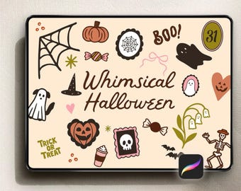 May include: A digital illustration with a beige background featuring Halloween-themed doodles. Includes a spiderweb, pumpkins, ghosts, candy, and the text "Whimsical Halloween". A digital art app icon is in the bottom right corner.