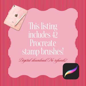 以下が含まれることがあります： タブレットとスタイラス、Procreateアプリのアイコン、そして「This listing includes 42 Procreate stamp brushes! Digital download. No refunds!」と書かれた白いテキストが配置されたピンクのデジタル画像。背景は赤と白の縦縞模様。