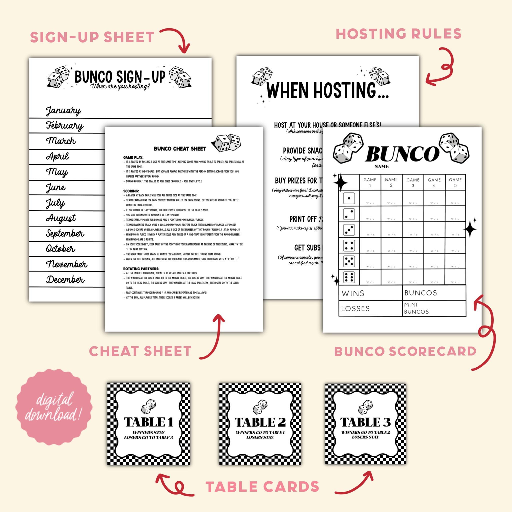Bunco Bundle Game & Host Rules, Scorecard, and Table Cards - DIGITAL ...