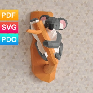 SVG 3d Geometric printable lowpoly PDF pepakura funny Koala bear on tree
