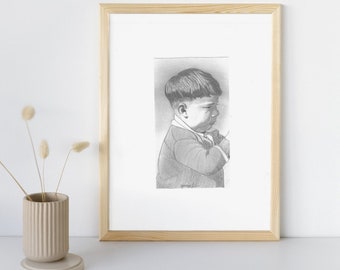 Boy Pencil Sketch Print | Black and White Child Art | Retro Style Wall Decor | Instant Download Artwork | Minimalist art download