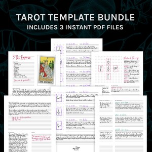 May include: A tarot template bundle with three instant PDF files. The bundle includes a tarot card spread for "Winds of Change" and a journal page for "The Empress" tarot card. The journal page includes a space for the card image, keywords, meanings, and reflections.