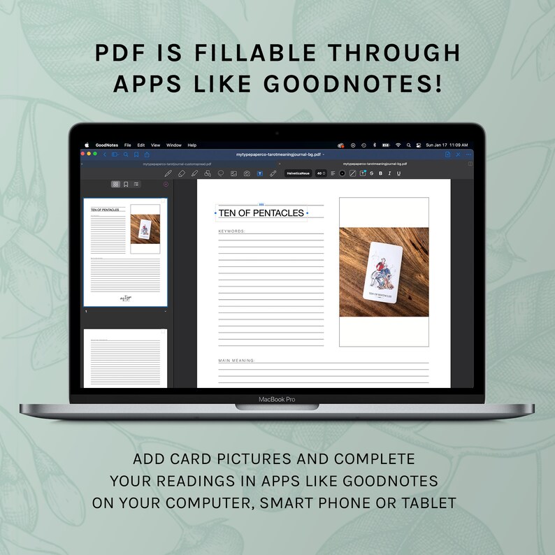 May include: A laptop screen displaying a PDF document with a tarot card image and text fields for notes. The text on the screen reads "Ten of Pentacles" and "Keywords". The document is open in the GoodNotes app.