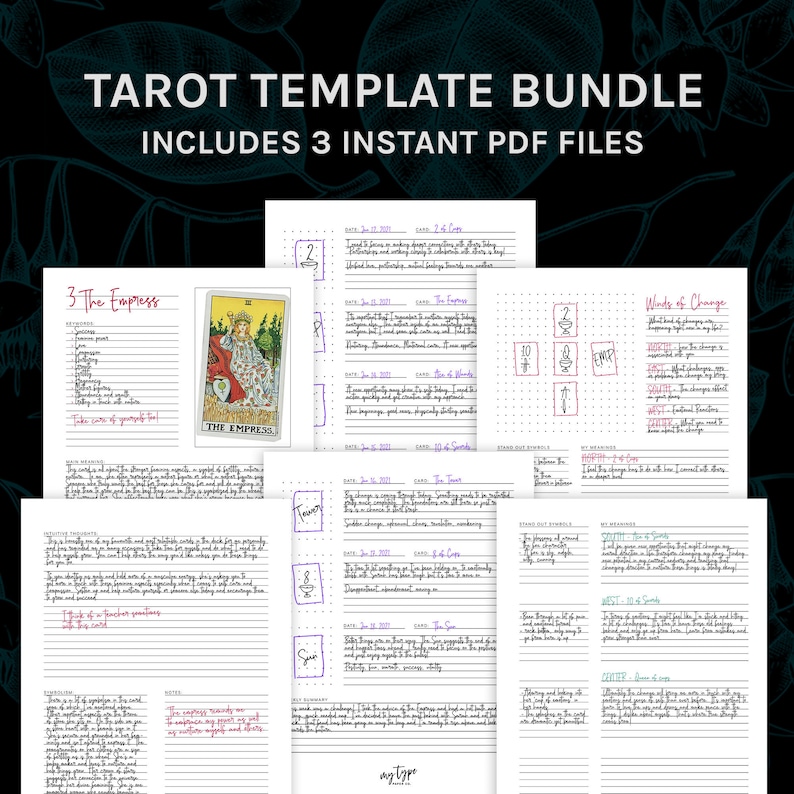 May include: A tarot template bundle with three instant PDF files. The bundle includes a tarot card spread for "Winds of Change" and a journal page for "The Empress" tarot card. The journal page includes a space for the card image, keywords, meanings, and reflections.