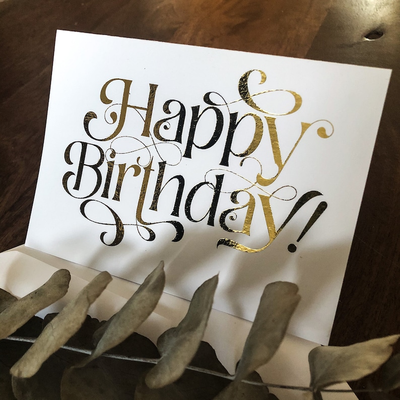 Happy Birthday PRINTED Greeting Card White Paper A2 Typographic Blank Inside Folded embellished card with Envelope