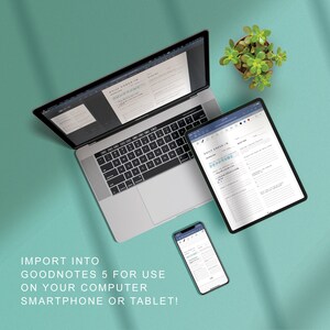 May include: A digital planner with a daily check-in section, a laptop, and a smartphone. The planner is open to the daily check-in section, which includes a section for gratitude, a to-do list, and a section for notes. The laptop is open to a document with the text "DAILY CHECK-IN" and the smartphone is open to a document with the text "DAILY CHECK-IN".