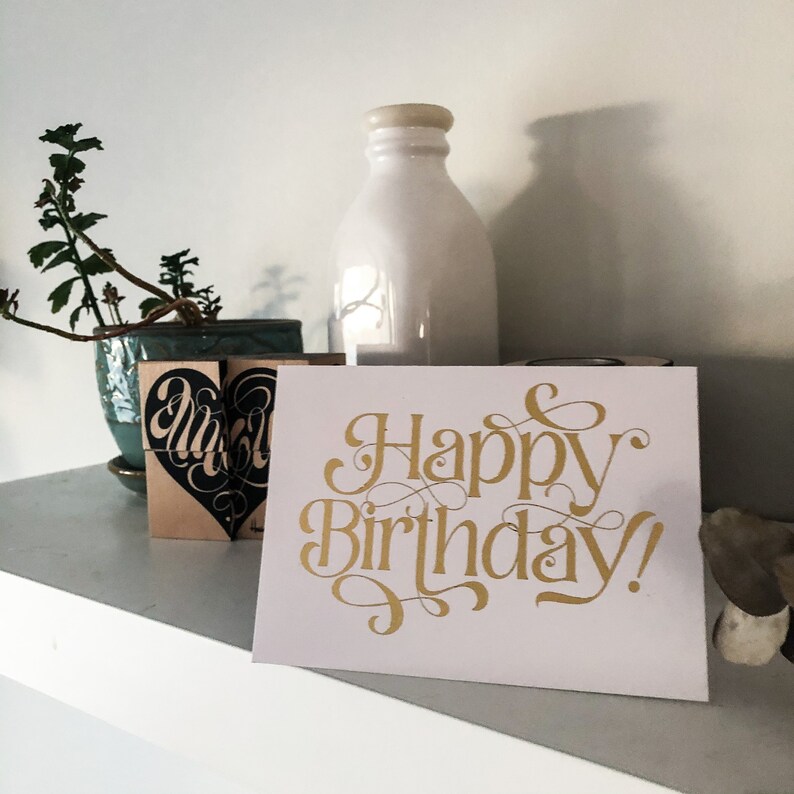 Happy Birthday PRINTED Greeting Card White Paper A2 Typographic Blank Inside Folded embellished card with Envelope