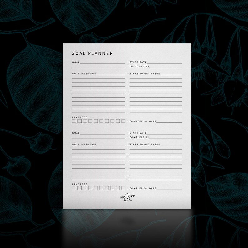 May include: A printable goal planner with two sections for setting goals, tracking progress, and noting completion dates. The planner includes fields for goal, goal intention, start date, complete by, steps to get there, and progress.