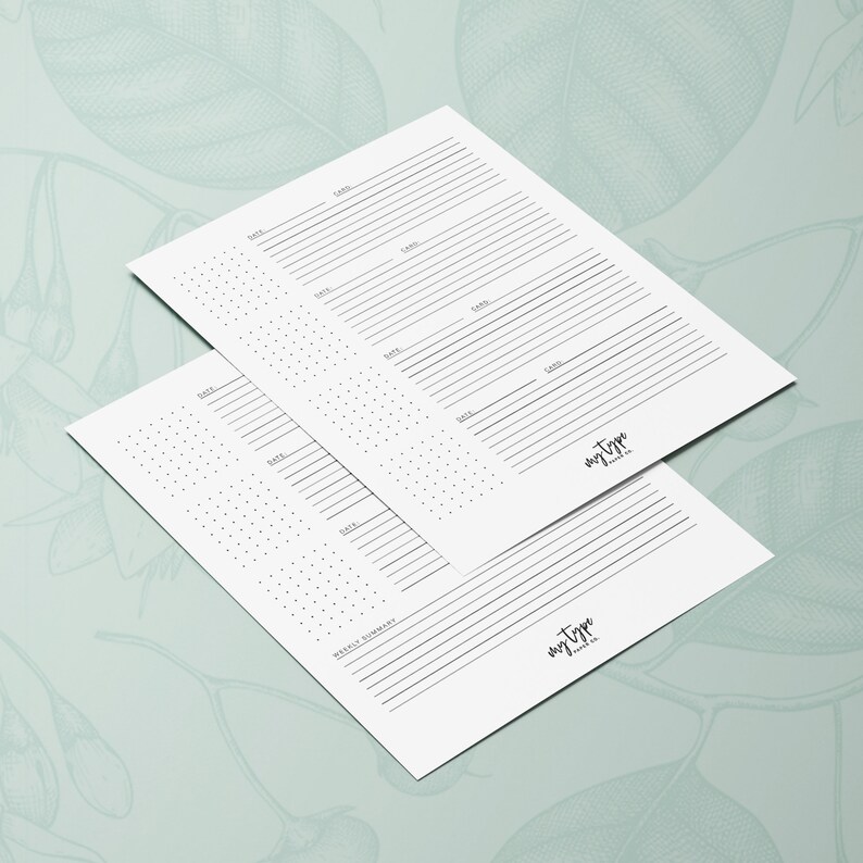 May include: Two printable planner pages with a dotted grid and lined sections. The pages are labeled "Date" and "Task". The pages are from "my type" studio.