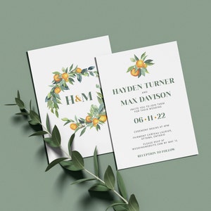 Modern Spring Wedding Invitation, 5"x7" Printable PDF, Tangerines & Greenery, Personalized Wedding Invite, Budget-Friendly Postcard Design