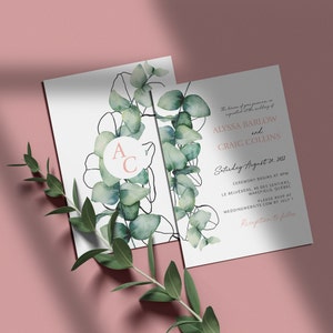 Modern Summer Wedding Invitation, 5"x7" Printable PDF, Eucalyptus & Soft Pink, Personalized Wedding Invite, Budget-Friendly Postcard Design