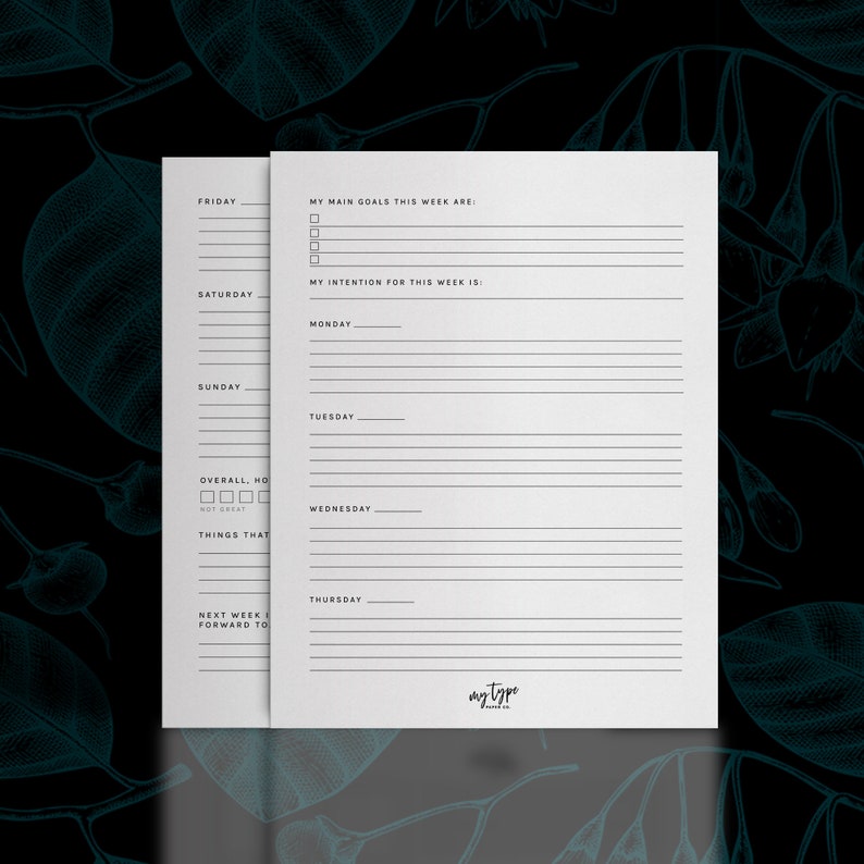 May include: A weekly planner with a black and white design. The planner includes sections for Friday, Saturday, Sunday, Monday, Tuesday, Wednesday, and Thursday. It also includes sections for "My Main Goals This Week Are:", "My Intention For This Week Is:", "Overall, How Was This Week?", "Things That Went Well", and "Next Week I'm Looking Forward To".