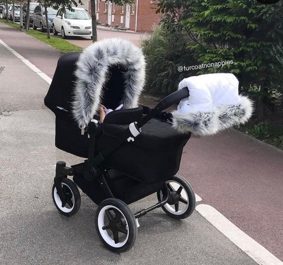 grey pram with fur