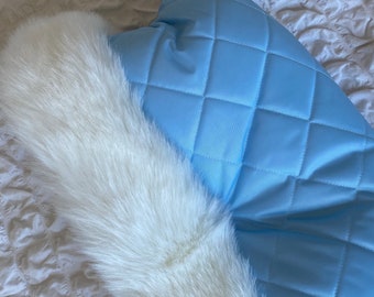 Extra fluffy White Faux Fur on Baby Blue Universal Pram/ Stroller Handmuff.