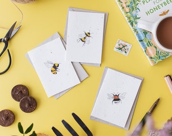 Plantable Seed Notecard Set of 3 | Bee Notecard Set | 100% Native British Wildflowers | Pollinator Friendly