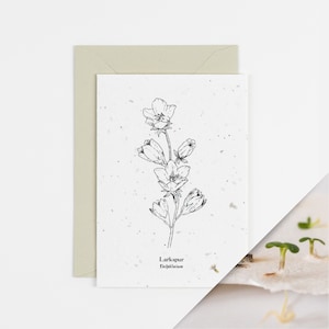 Cartão de aniversário de julho Larkspur com flor para plantar | Simboliza a dignidade | Cartão de aniversário com flor para nascer