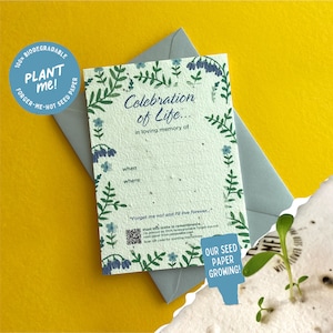 Invitación plantable a la Celebración de la Vida / Invitación conmemorativa / Papel semilla No me olvides / Anuncio funerario