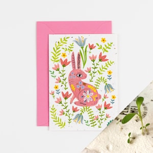 Frohe Hase Pflanzliche Karte / Frühlingskarte / Osterkarte / Wildblumen