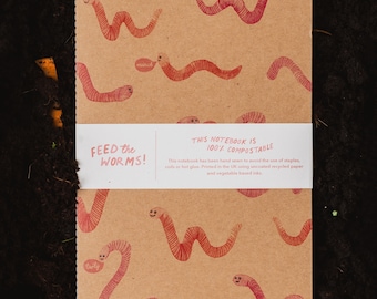 Feed The Worms Compostable Notebook | Handstitched A5 Plain Notebook