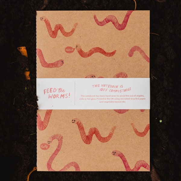 Feed The Worms Compostable Notebook | Handstitched A5 Plain Notebook