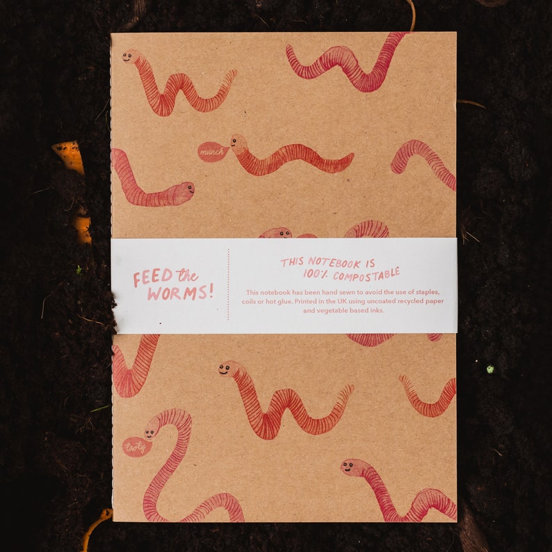 Feed The Worms Compostable Notebook Handstitched A5 Plain Notebook image 1