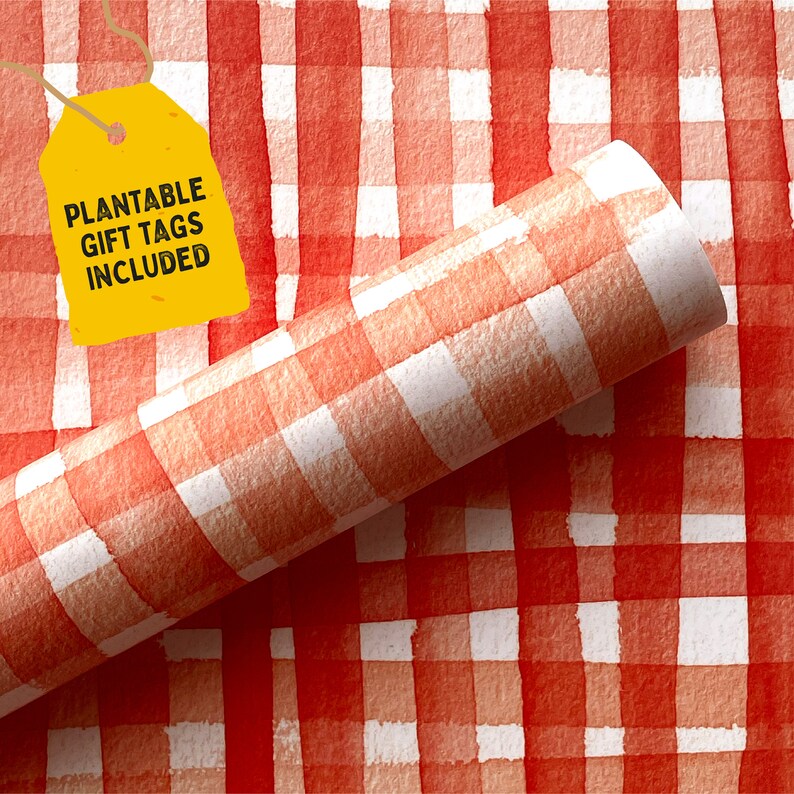 Recycled Wrapping Paper & Plantable Gift Tag Set / Red Gingham Etsy UK