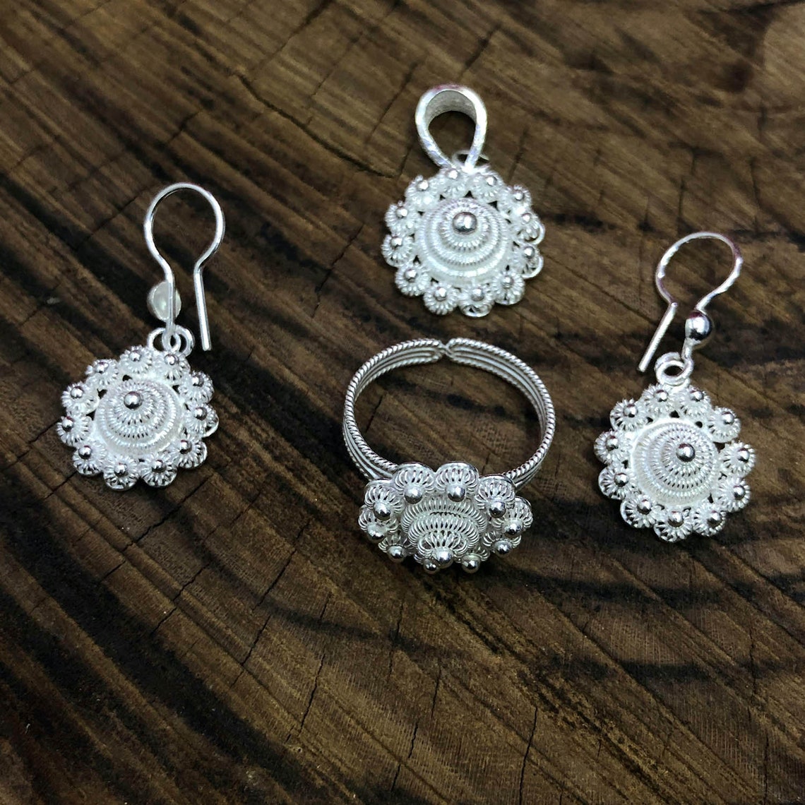 Authentic Filigree Triple Jewelry Set Made of Sterling Silver, Necklace