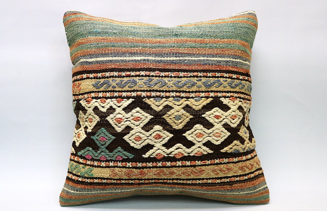 Kilim Pillow 16x16 Decorative Ethnic Pillow Boho Pillow Etsy